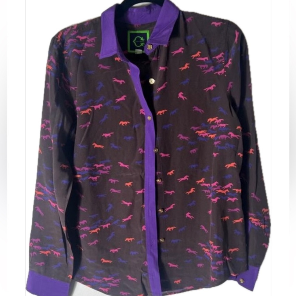 Silk “Stampede” Black Button Down by C Wonder; Pink Orange Violet Horses ASO MK!